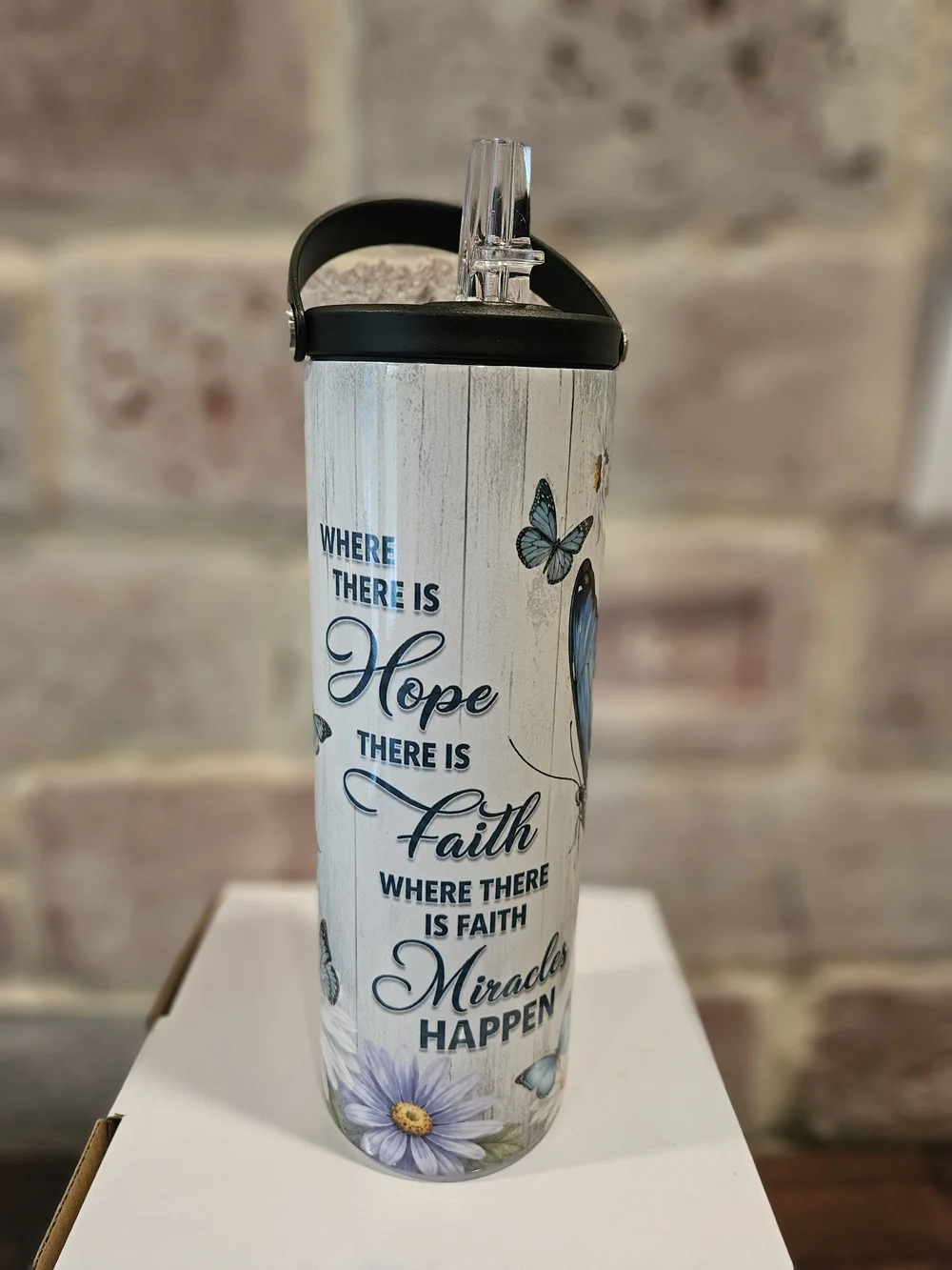 Hand Crafted Blue Floral & Butterfly Insulated Travel Tumbler